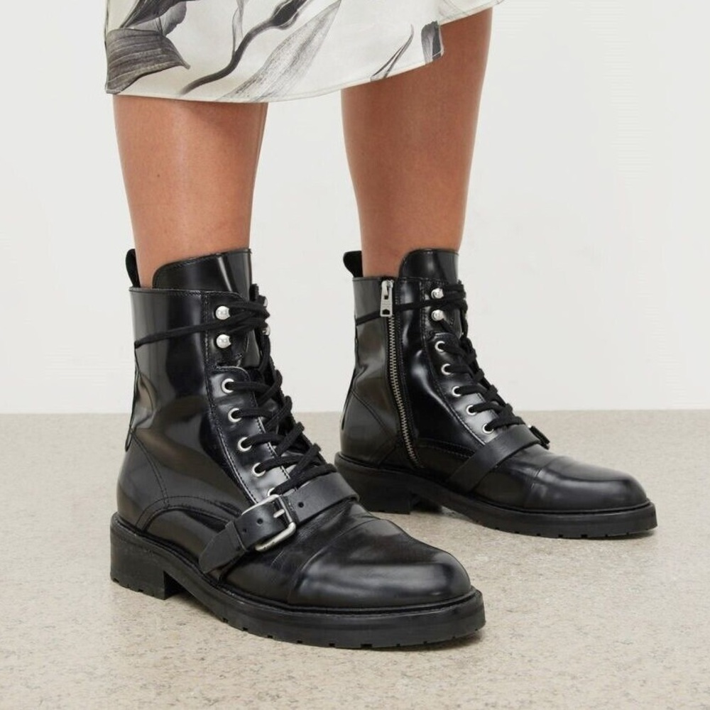 All Saints Black Combat Moto 'Donita' Boots with Buckle Straps